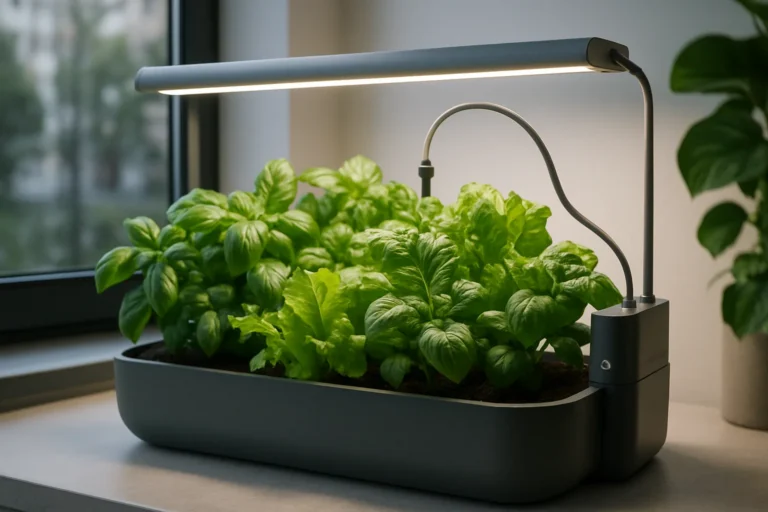 Huerto urbano interior automático con sistema de riego inteligente y plantas saludables en crecimiento