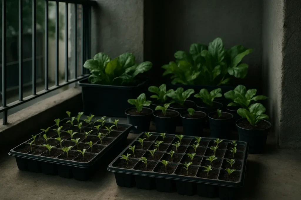 Bandejas con plántulas verdes creciendo en un huerto urbano en balcón sombreado con poca luz natural