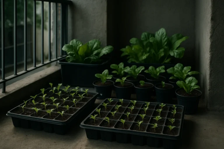 Bandejas con plántulas verdes creciendo en un huerto urbano en balcón sombreado con poca luz natural