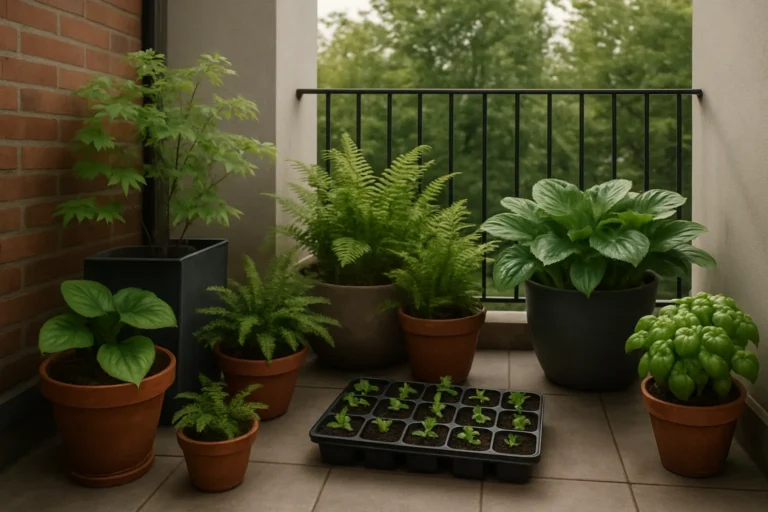 Huerto urbano en terraza con orientación norte con plantas en macetas y bandejas de cultivo para poca luz