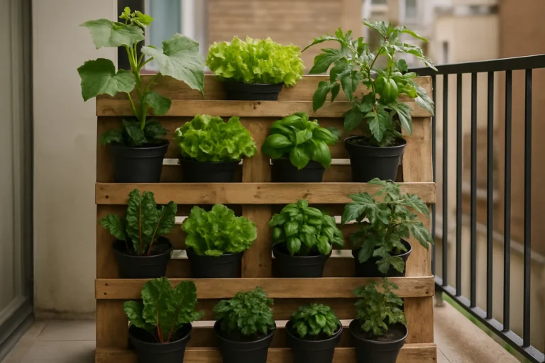 Huerto urbano vertical hecho con palets con verduras frescas en macetas en espacio pequeño