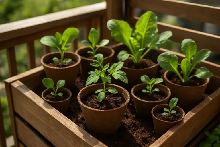 Plántulas de hortalizas en macetas biodegradables para huerto urbano ecológico de principiantes