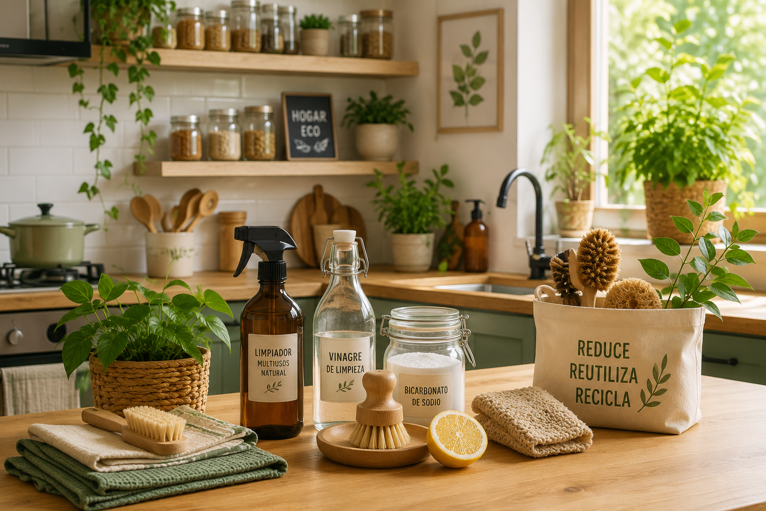Hogar eco con limpieza natural y consumo responsable