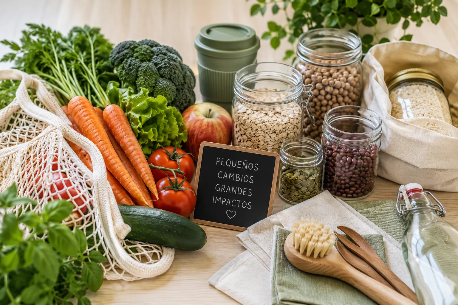 Cocina sostenible con alimentos frescos, tarros de vidrio y productos reutilizables para reducir desperdicios
