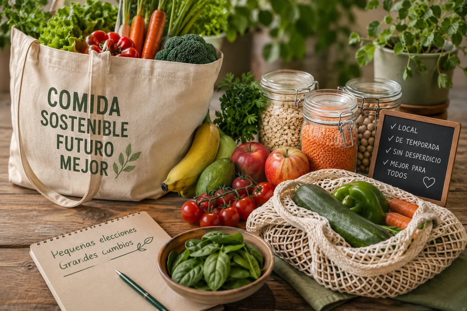 Alimentos frescos de temporada, bolsas reutilizables y tarros de cristal para una alimentación eco en casa