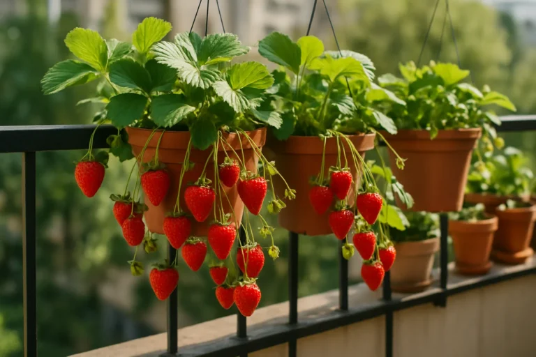 Plantas de fresas colgantes en macetas en balcón pequeño con fresas rojas maduras y hojas verdes saludables