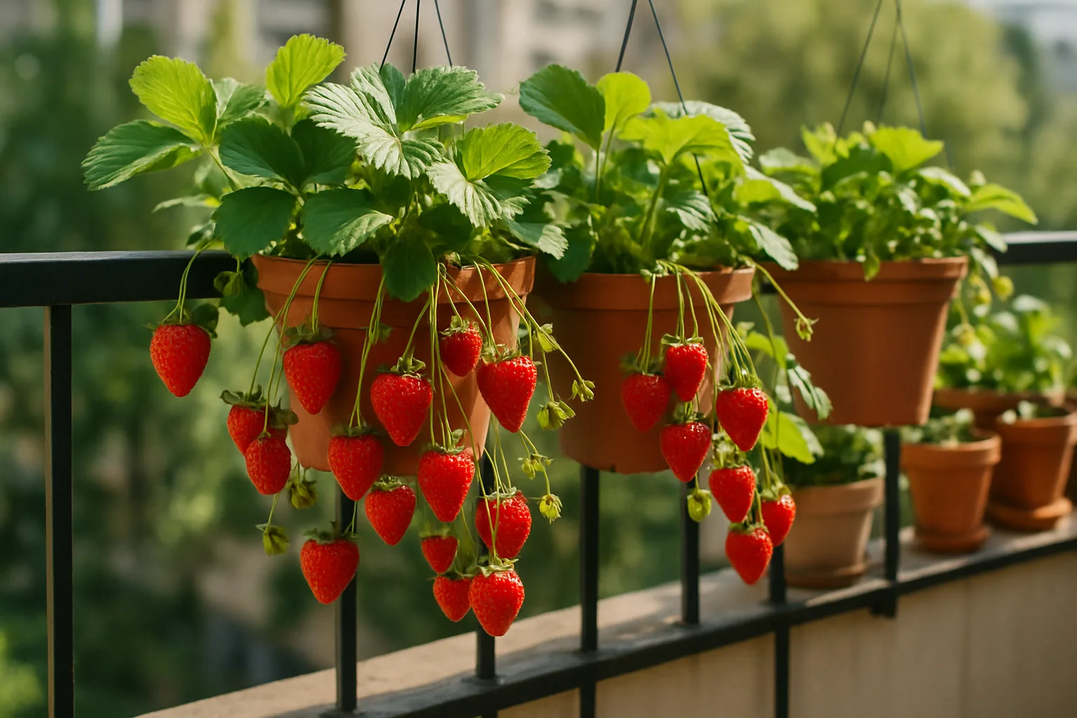 Plantas de fresas colgantes en macetas en balcón pequeño con fresas rojas maduras y hojas verdes saludables