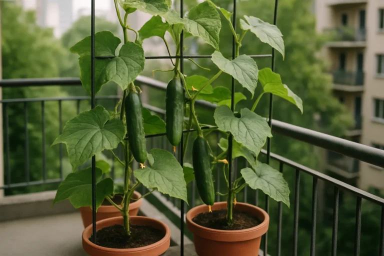 Pepinos creciendo en macetas verticales en un balcón pequeño con soporte de enrejado y hojas verdes sanas