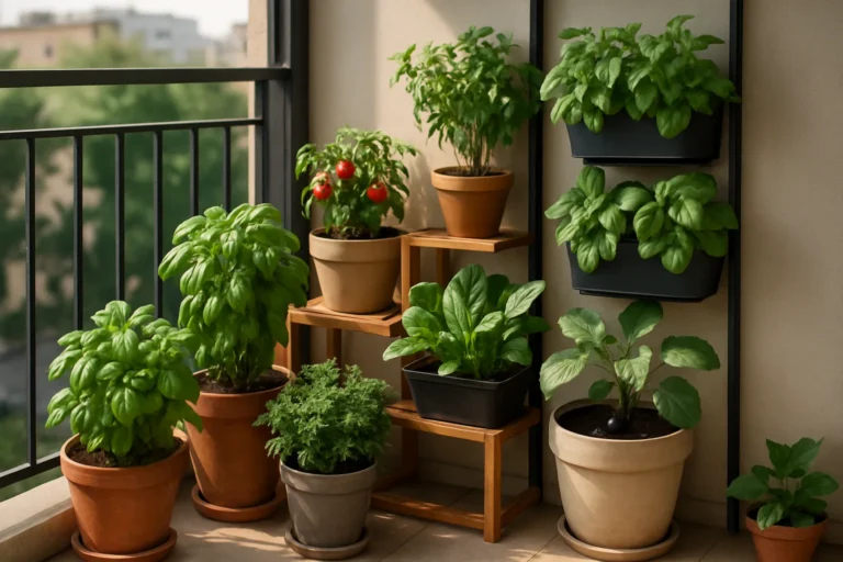Balcón pequeño decorado con plantas comestibles en macetas y jardineras verticales, optimizado para espacios reducidos