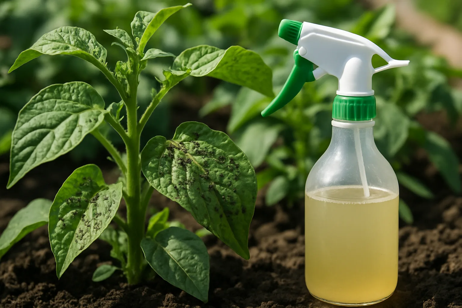 Plantas de huerto urbano con hojas infestadas de pulgones y remedios naturales para eliminarlos