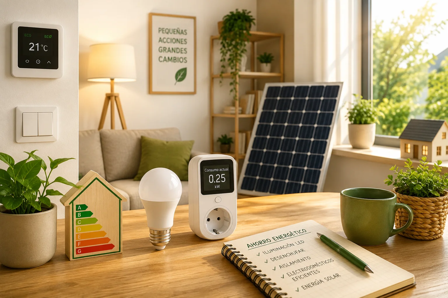 Hogar sostenible con bombilla LED, enchufe inteligente y elementos de ahorro energético para reducir el consumo eléctrico