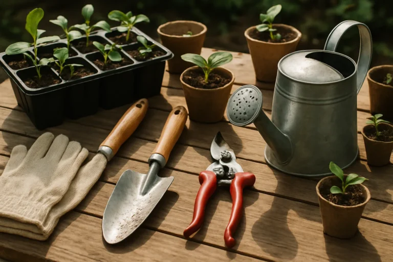Herramientas básicas de jardinería urbana junto a semilleros y macetas en una mesa de madera