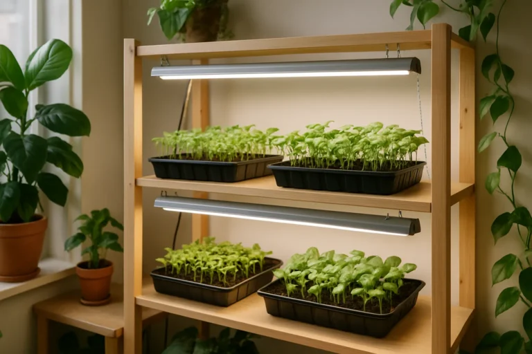 Huerto urbano interior con plántulas bajo luz artificial LED para cultivo sostenible en casa