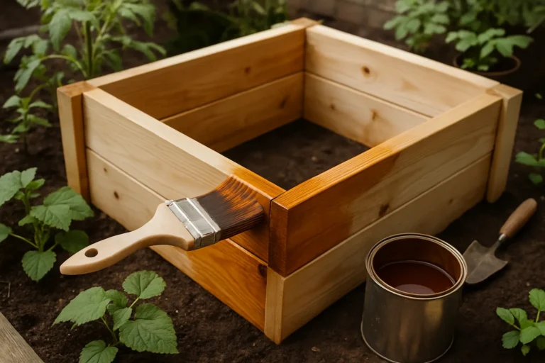 Mesa de cultivo de madera siendo impermeabilizada con sellador protector en un huerto urbano pequeño