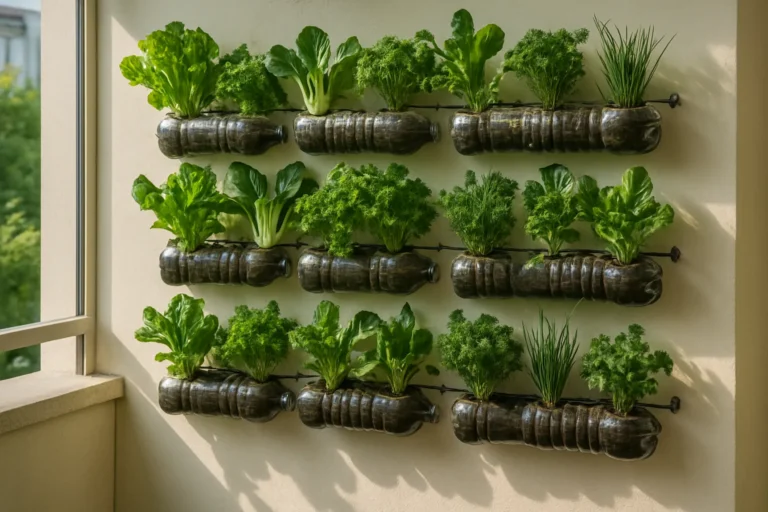 Jardín vertical hecho con botellas recicladas en balcón pequeño con verduras y hierbas verdes creciendo