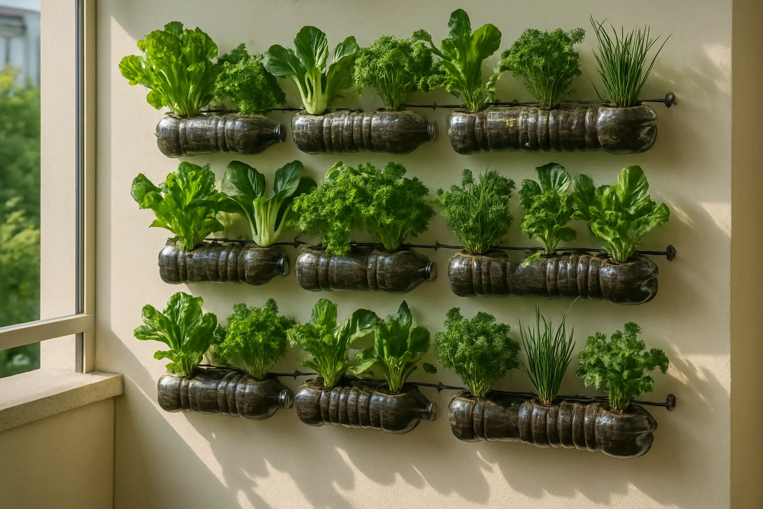 Jardín vertical hecho con botellas recicladas en balcón pequeño con verduras y hierbas verdes creciendo