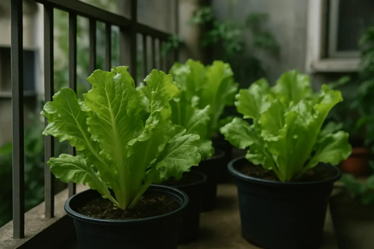 Lechugas creciendo en macetas en un balcón con poca luz natural y sombra parcial