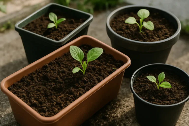 Macetas urbanas con tierra fértil y plántulas saludables para huerto en macetas