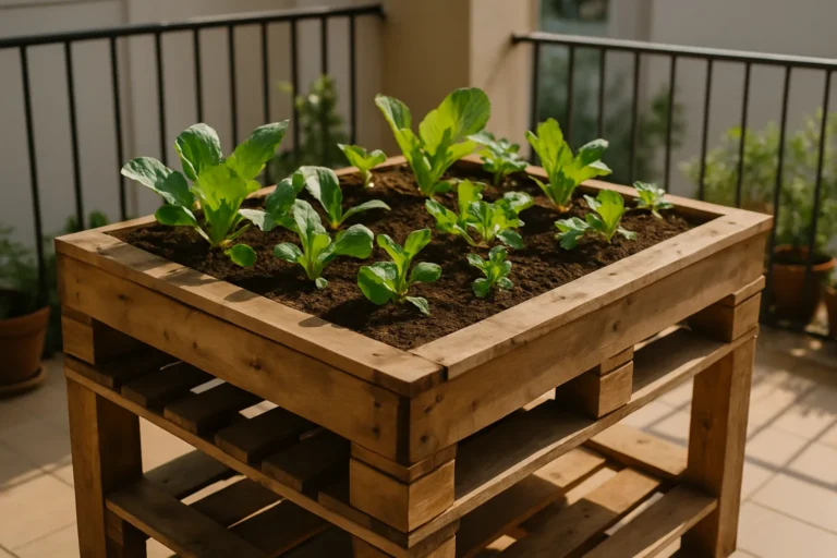Mesa de cultivo hecha con palets en un balcón urbano pequeño con plantas y tierra preparada para cultivo