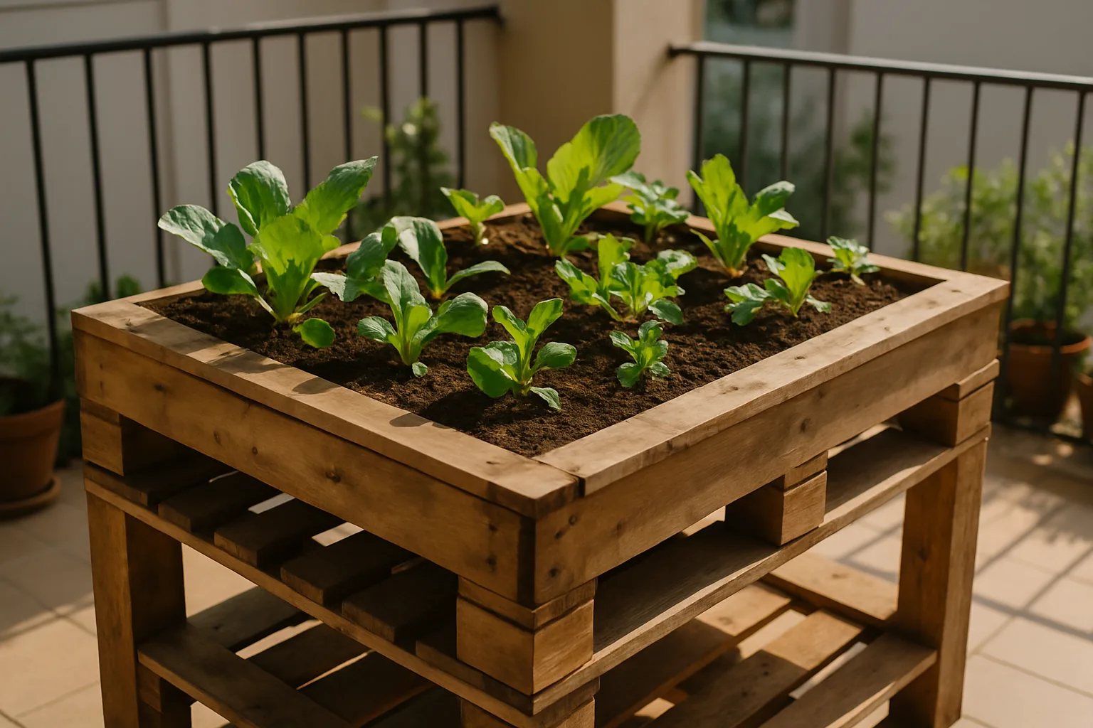 Mesa de cultivo hecha con palets en un balcón urbano pequeño con plantas y tierra preparada para cultivo