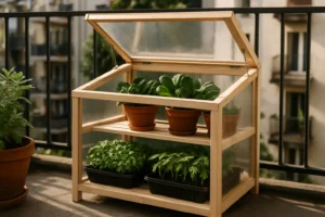 Inicio 8 Mini invernadero casero en balcón pequeño con plantas y plántulas saludables en estructura de madera y plástico transparente