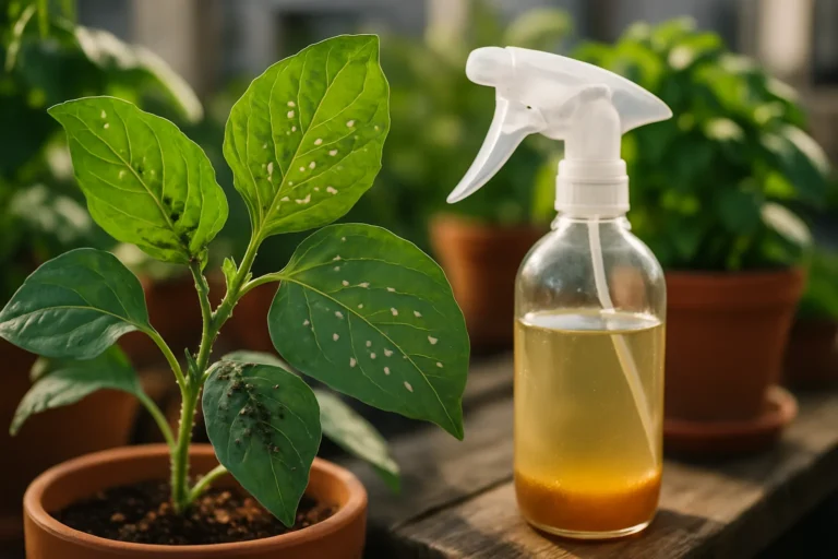 Hojas de plantas en huerto urbano con plagas comunes y remedios naturales visibles