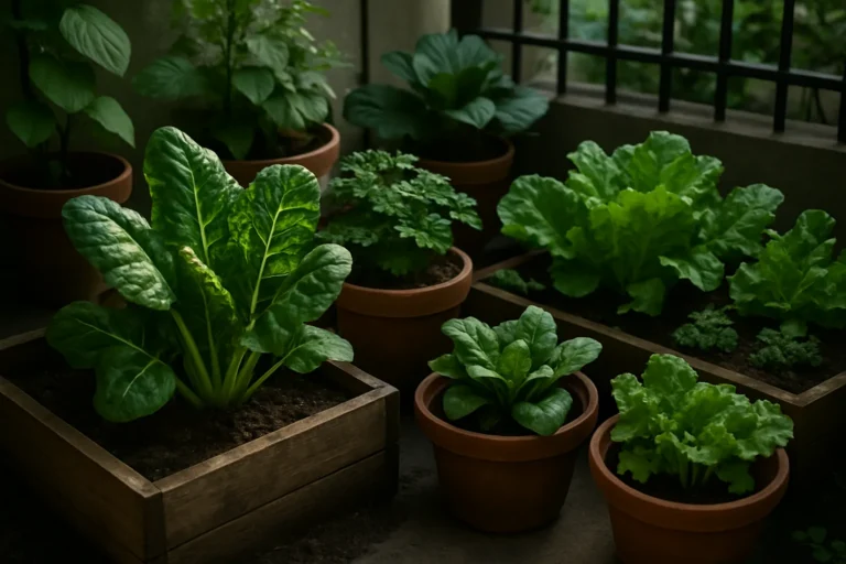 Plantas de sombra saludables en un huerto urbano en macetas y bancales en un balcón con luz natural suave