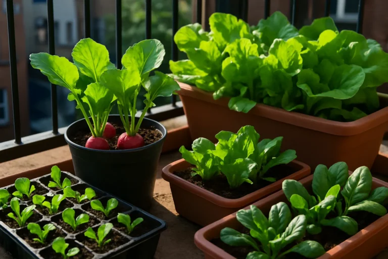 Macetas y semilleros con verduras de crecimiento rápido en un huerto urbano en balcón soleado
