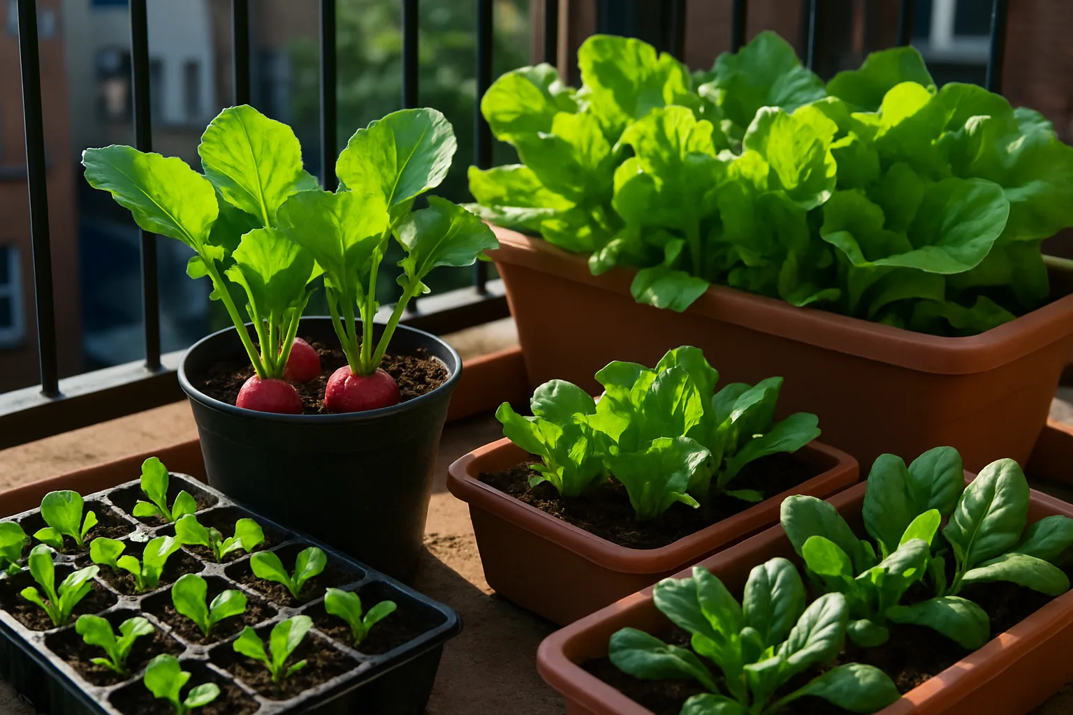 Macetas y semilleros con verduras de crecimiento rápido en un huerto urbano en balcón soleado
