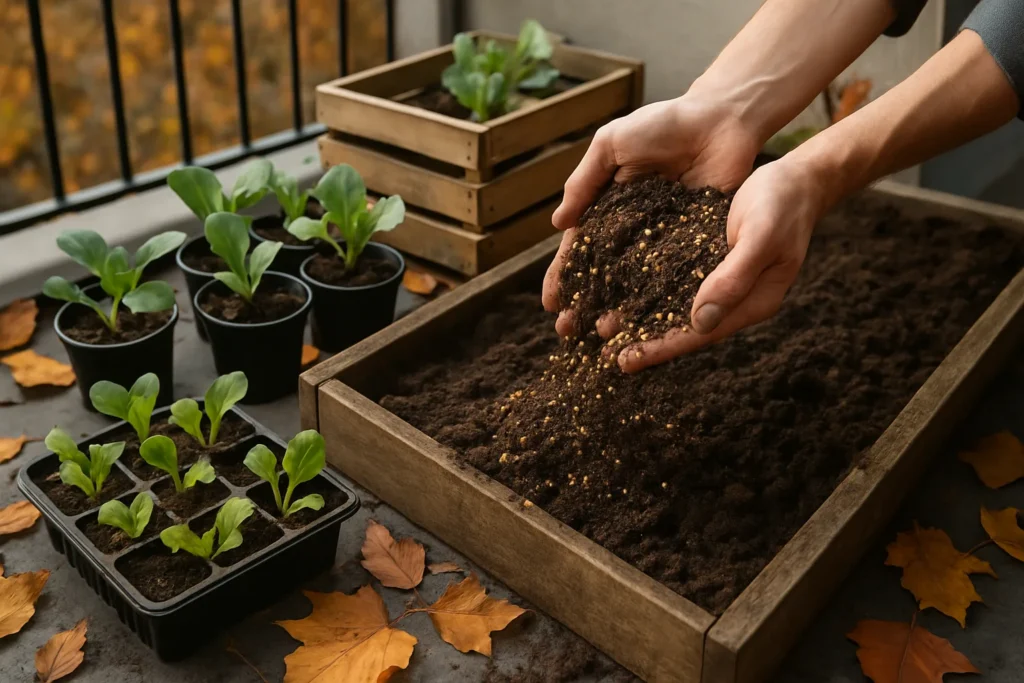 Cómo abonar el huerto urbano en otoño: guía práctica 4 Manos esparciendo abono orgánico en tierra de huerto urbano en otoño con plántulas en macetas