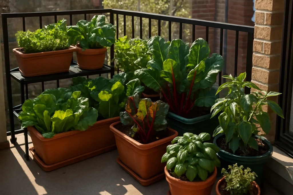 Balcón pequeño con verduras y plantas en macetas creando un oasis verde y productivo