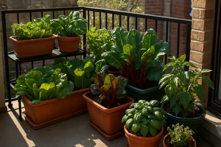 Balcón pequeño con verduras y plantas en macetas creando un oasis verde y productivo