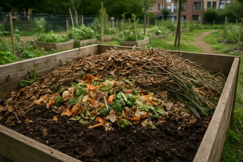 Compostaje comunitario mostrando restos orgánicos en un contenedor en un huerto urbano