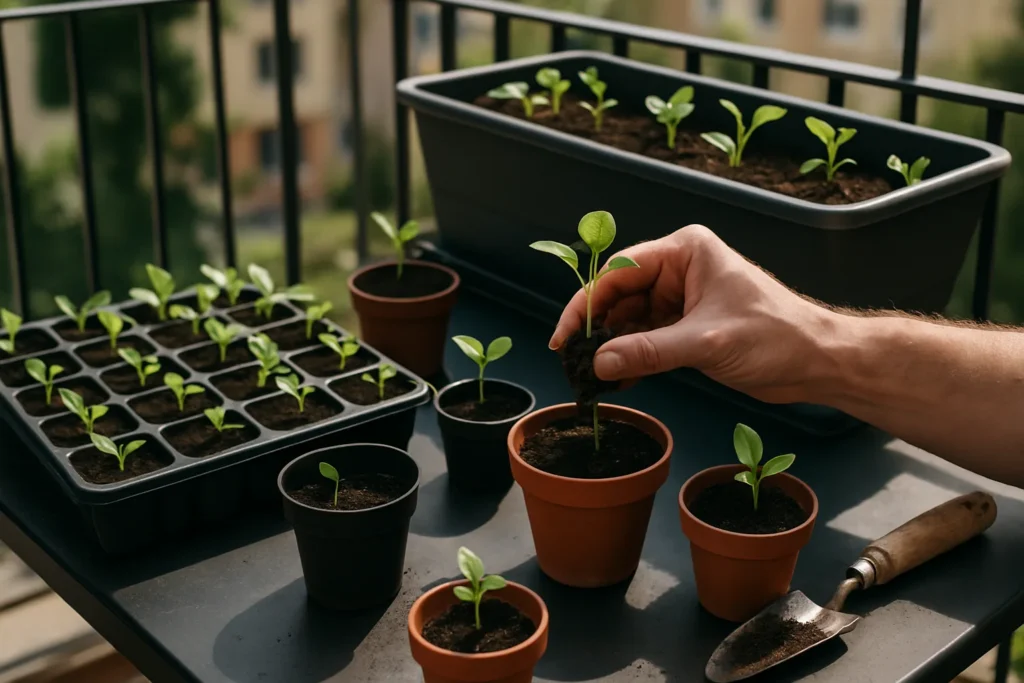 Cuándo Trasplantar del Semillero al Huerto Urbano para Plantas Saludables 6 Manos trasplantando plántulas del semillero a macetas en un huerto urbano con luz natural