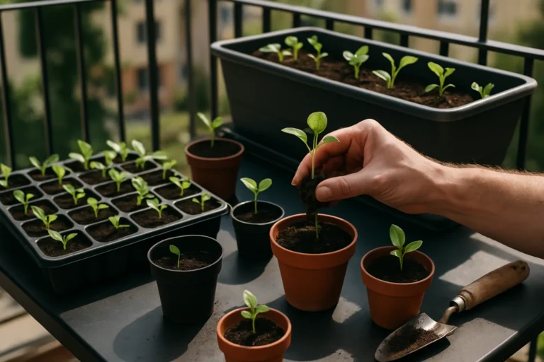 Manos trasplantando plántulas del semillero a macetas en un huerto urbano con luz natural