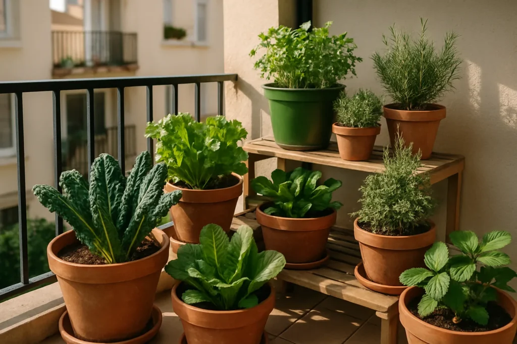 Balcón con macetas de cultivo de alimentos variados visibles, aprovechando espacio pequeño para huerto urbano todo el año
