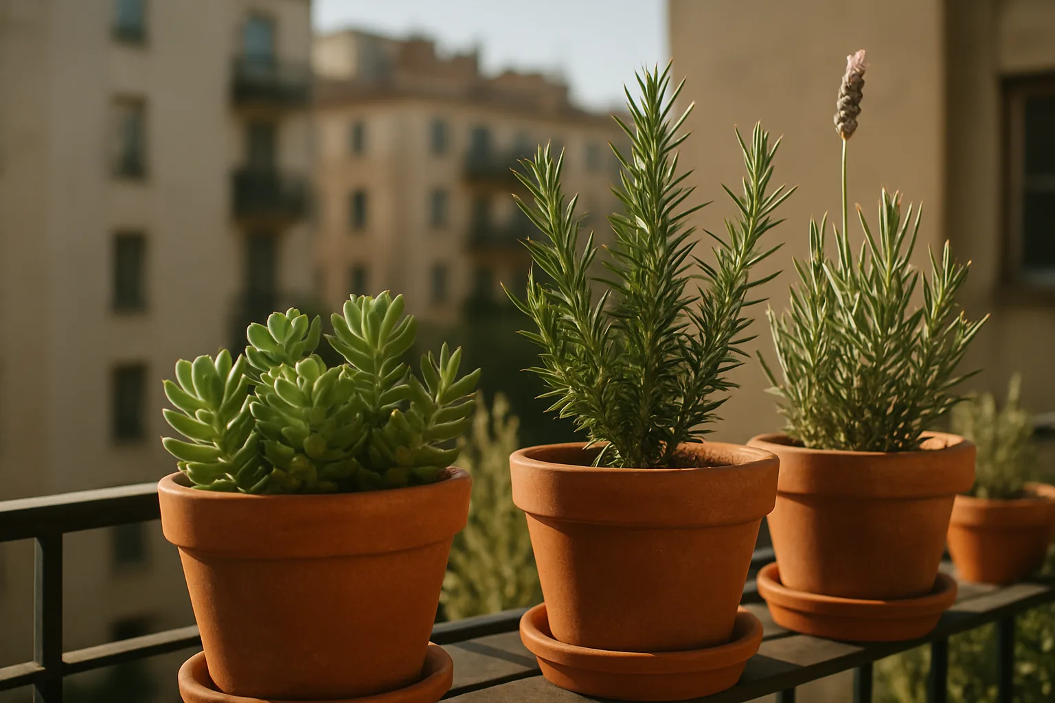 Plantas resistentes a la sequía en macetas pequeñas sobre un balcón urbano con luz natural