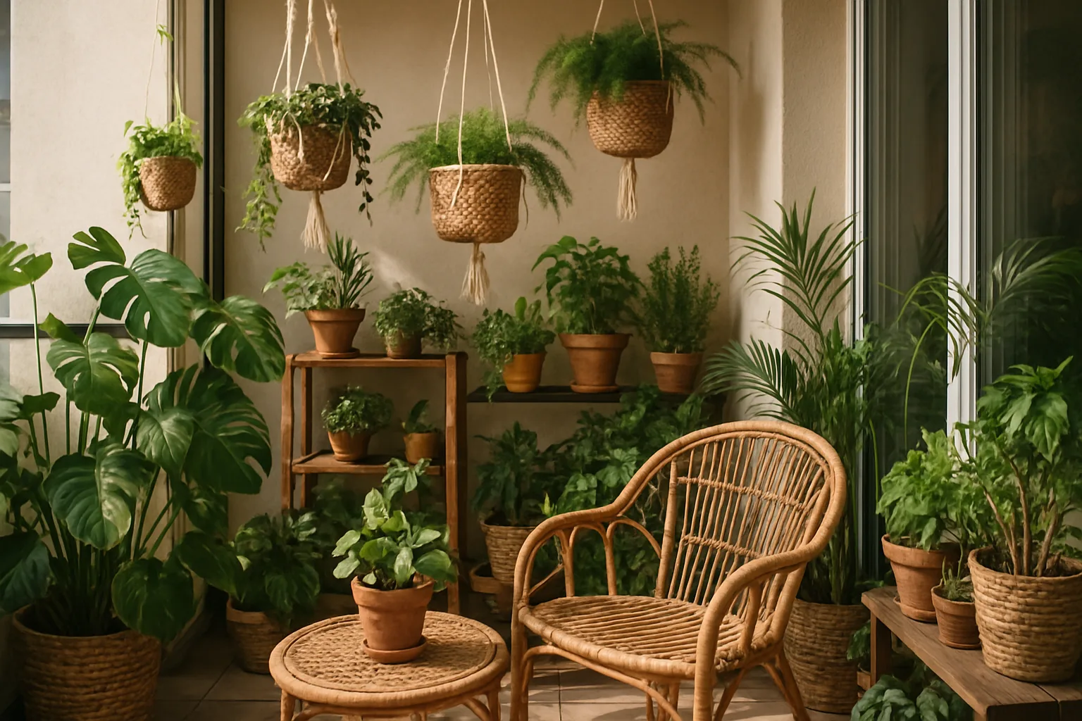 Balcón pequeño con decoración boho y muchas plantas verdes en macetas y colgantes, estilo natural y acogedor