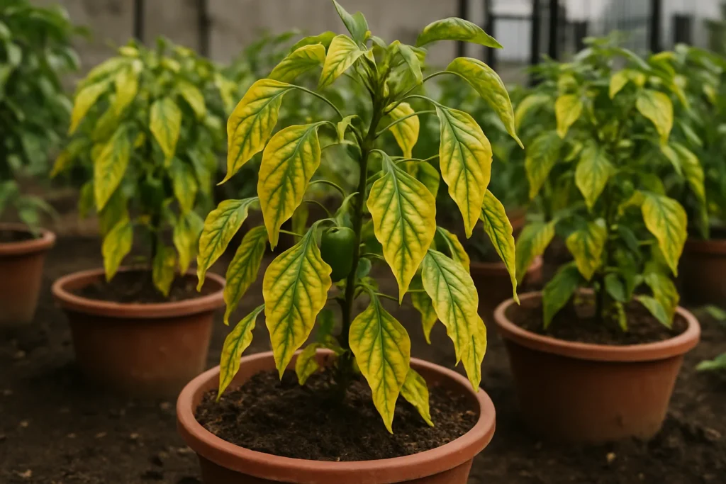 Plantas de pimiento en huerto urbano con hojas amarillentas y enrolladas por deficiencia de potasio