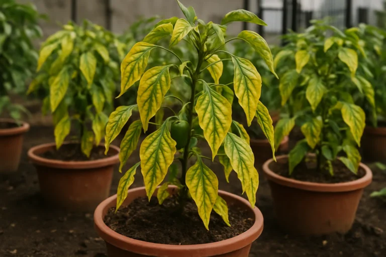 Plantas de pimiento en huerto urbano con hojas amarillentas y enrolladas por deficiencia de potasio