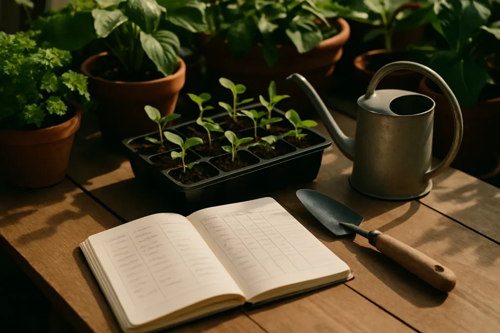 Cómo Organizar un Diario para tu Huerto Urbano Fácilmente y Mejorar su Gestión 5 Diario organizado para huerto urbano con semilleros, herramientas de jardinería y registro de cultivos