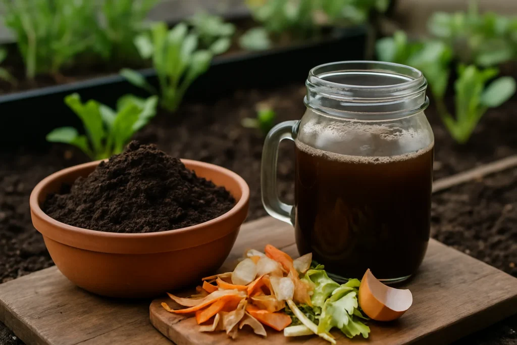 Preparación casera de fertilizantes naturales con compost y líquido orgánico para plantas de huerto urbano