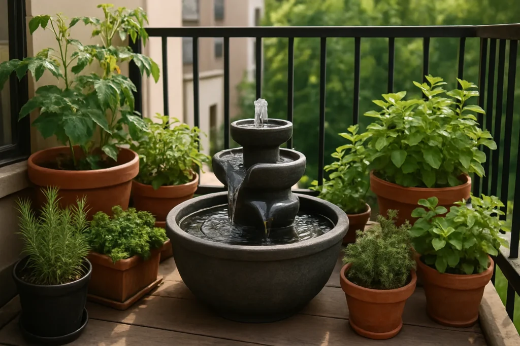 Fuentes de Agua Pequeñas para Balcones: Ideas, Consejos y Guía Completa 8 Fuente de agua pequeña en balcón con plantas y macetas, ideal para huerto urbano en espacios reducidos