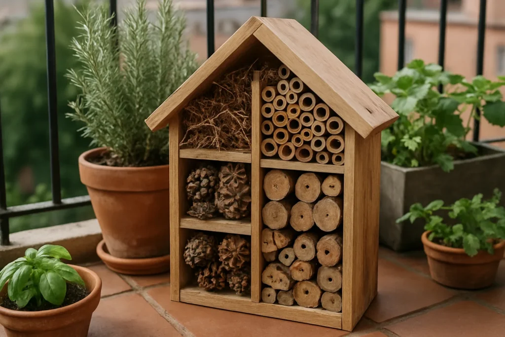 Hotel de insectos hecho con materiales naturales en un balcón con plantas y macetas pequeñas