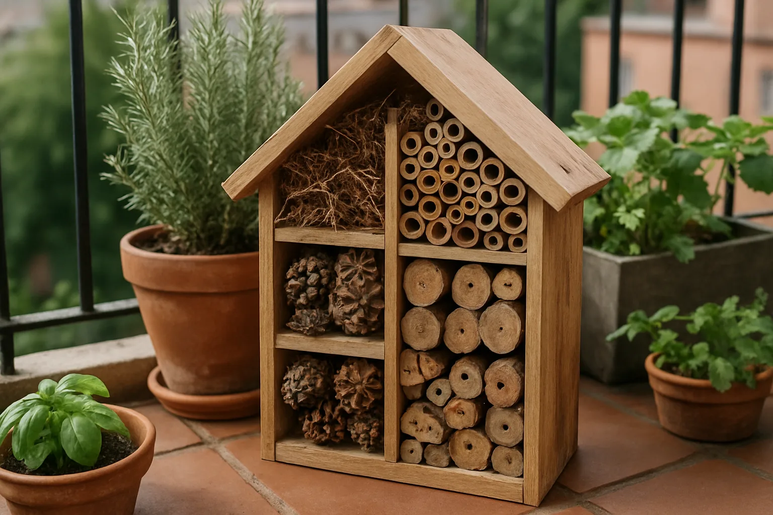 Hotel de insectos hecho con materiales naturales en un balcón con plantas y macetas pequeñas