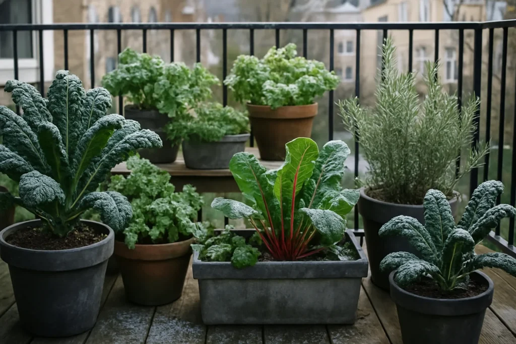 Huerto urbano en invierno con verduras resistentes y plantas en macetas en un balcón exposicion al sol natural