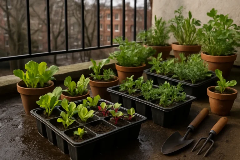 Semilleros y macetas con plántulas para saber qué plantar en primavera en un huerto urbano