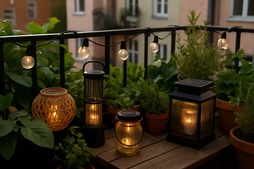 Luces solares decorativas para balcones: guía práctica y selección completa 9 Luces solares decorativas instaladas en un balcón pequeño con plantas y elementos naturales