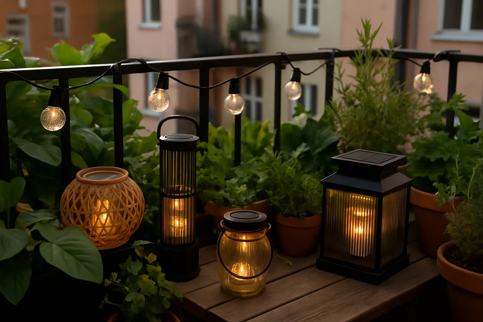 Luces solares decorativas instaladas en un balcón pequeño con plantas y elementos naturales