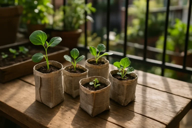 Semillero biodegradable hecho con periódico con plántulas de verduras creciendo en un huerto urbano en balcón